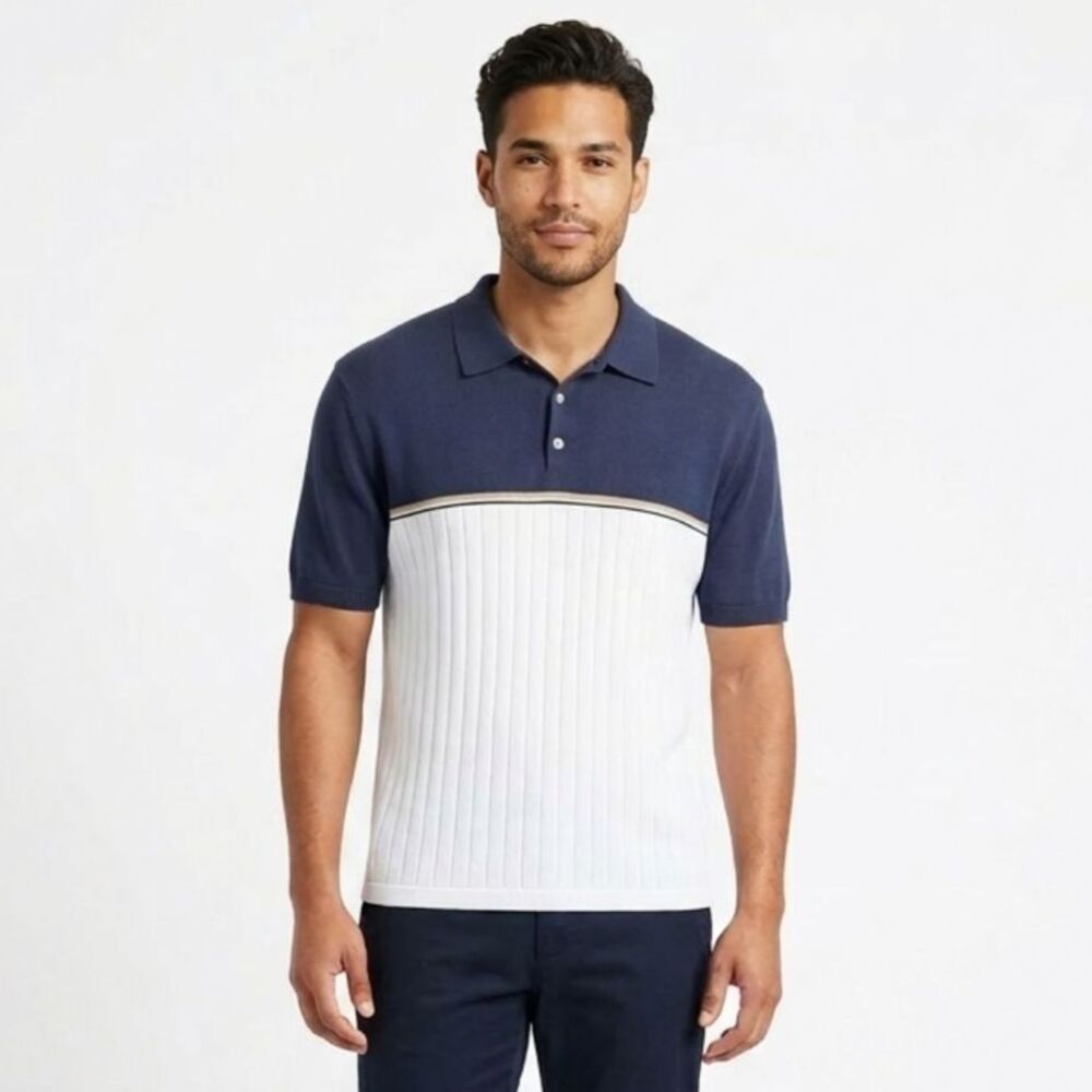 Vintage Pierre Cardin Knit Polo Shirt | Blue‎ & White Colorblock | Size L